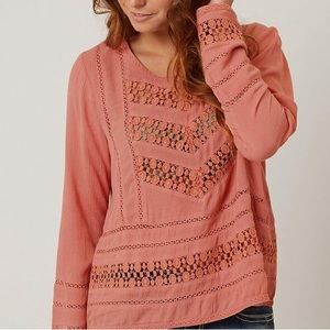 PATRON OF PEACE terra cotta crinkle top peasant blouse crochet lace Women’s S